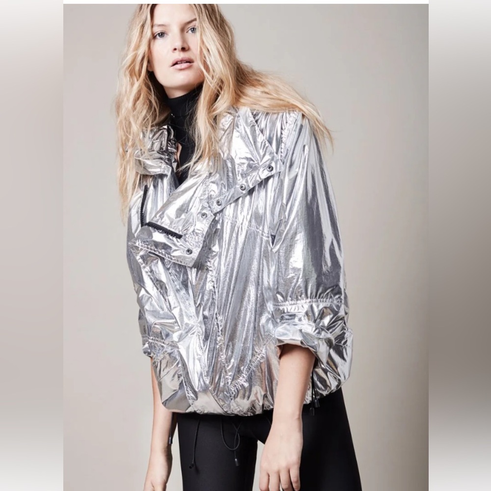 Smythe silver foil windbreaker jacket. Drawstring liner on sleeves and waist.